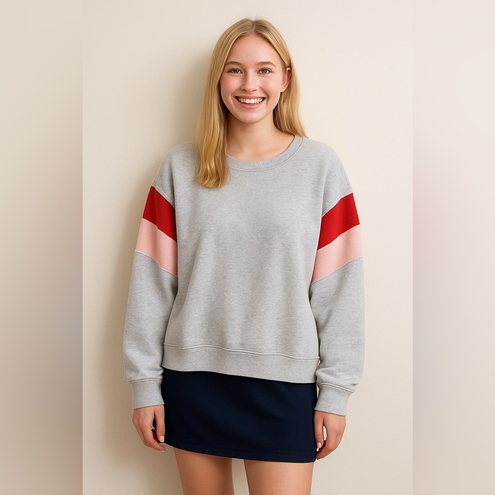 Forever 21 Women’s Gray sweatshirt with pink and red stripes on sleeves, large